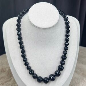 Vintage Black Onyx Faceted Graduated Bead Necklace SS Clasp